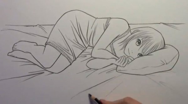 Девушка в кровати карандашом