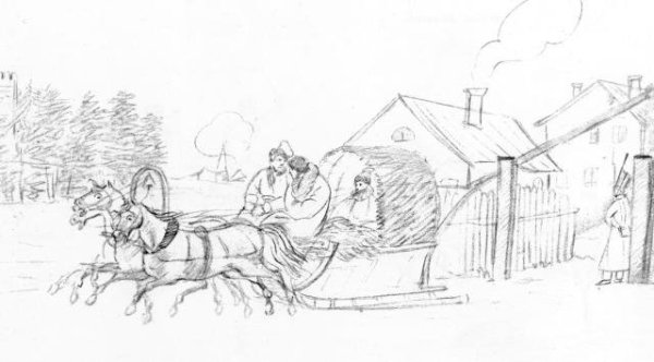 Конь сани карандашом