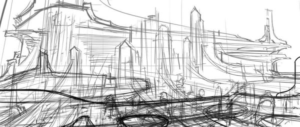 Футуристический пейзаж карандашом