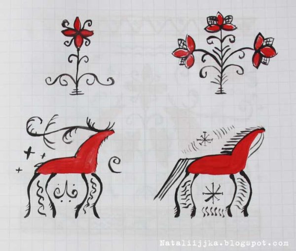 Мезенская роспись олени и птицы