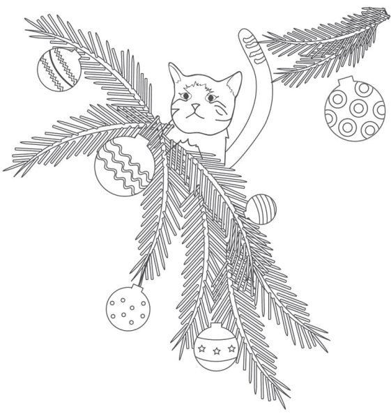 Раскраска новый год котик и ёлка