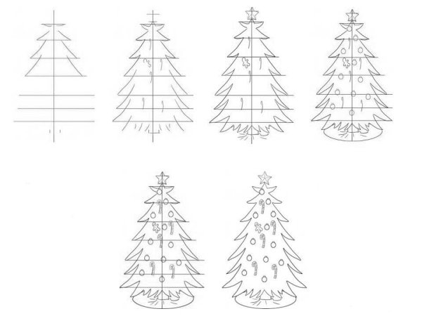 Пошаговое рисование елки