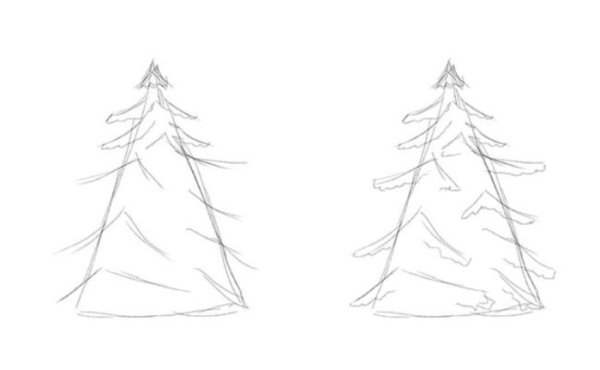 Поэтапное рисование елки в снегу