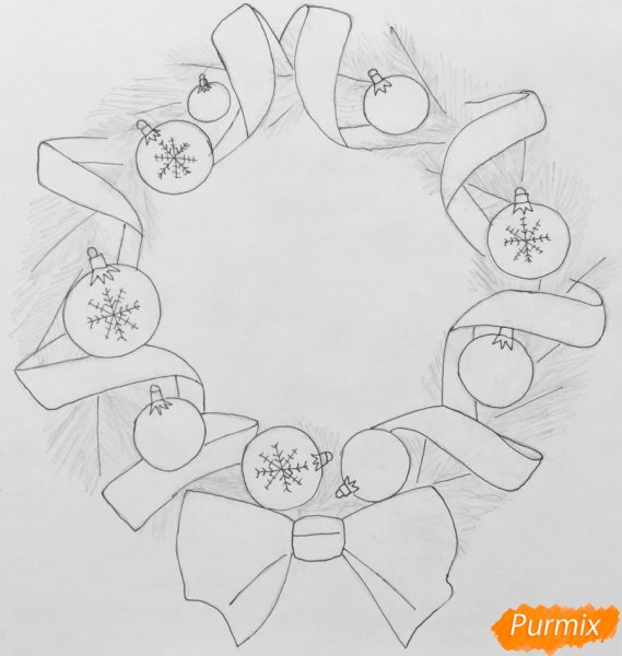 Поэтапное рисование Рождественского венка