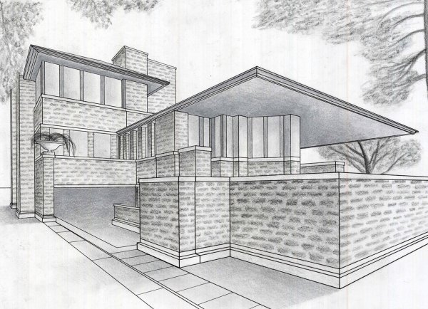 Здание школа сбоку в угловой перспективе