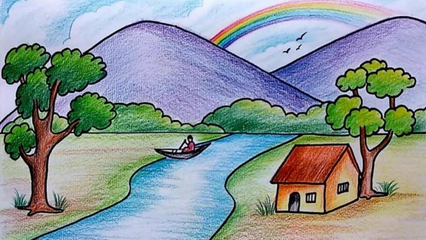 Пейзаж цветными карандашами для детей