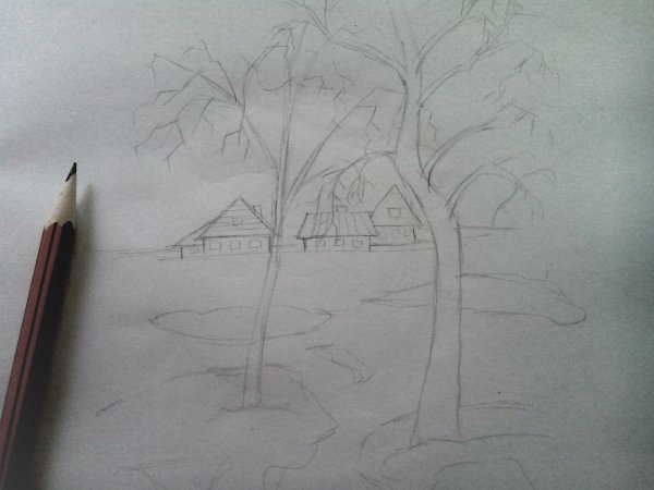 Весенний пейзаж карандашом
