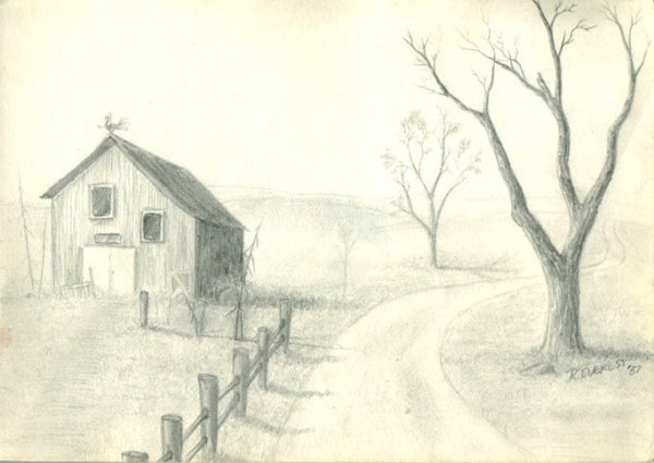 Сельский пейзаж рисунок карандашом