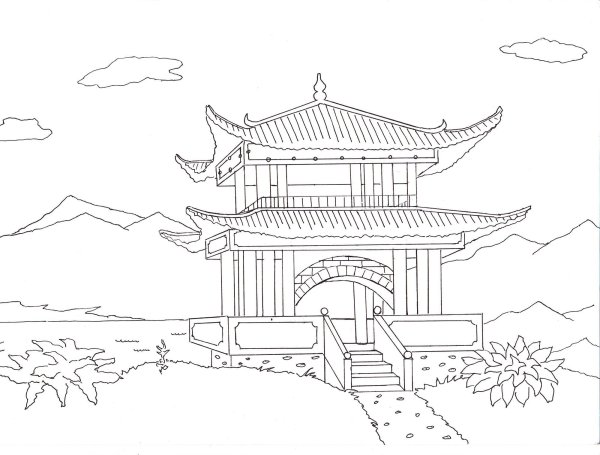 Храм Хигаси Хонгандзи Япония рисунок карандашом
