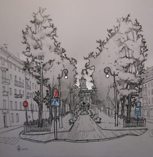 Пейзаж парка карандашом