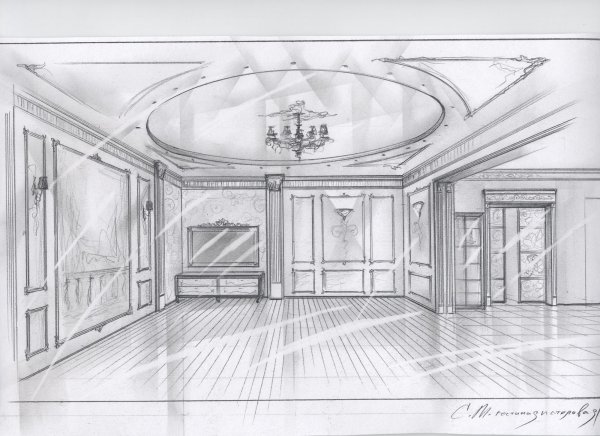 Интерьер гостиной рисунок карандашом