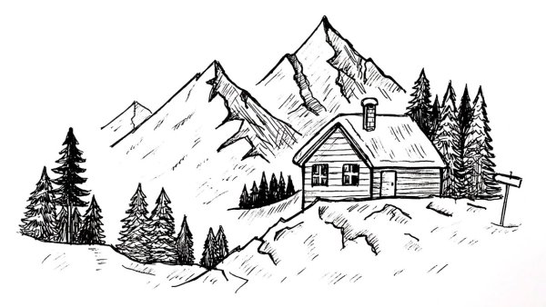 Домик в горах карандашом