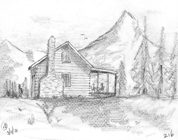 Дом в горах карандашом