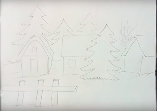Зимний пейзаж карандашом для срисовки