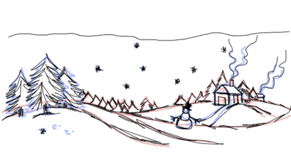 Зимний пейзаж рисунок карандашом легкий для срисовки