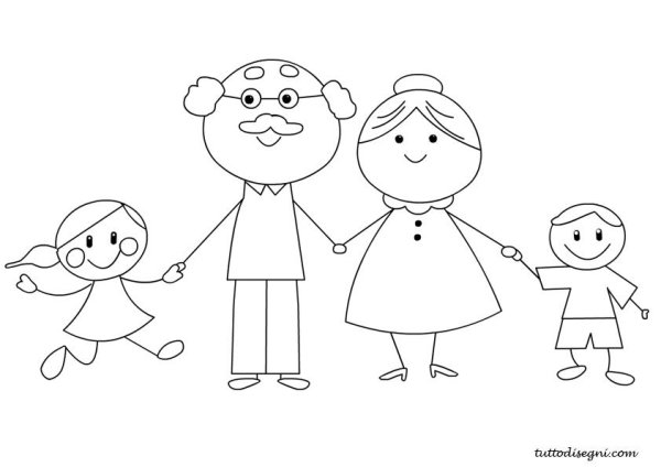 Раскраска бабушка и дедушка с внуками