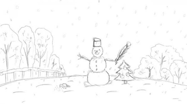 Зимний пейзаж карандашом для срисовки