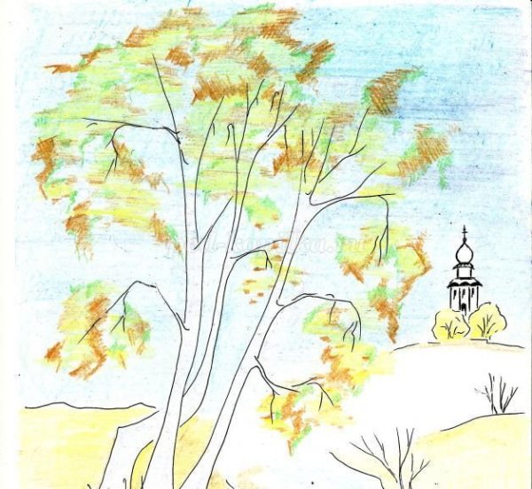 Пейзаж цветными карандашами