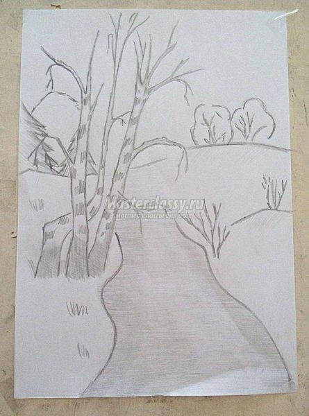 Осенний пейзаж карандашом