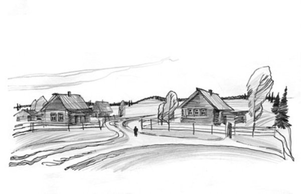 Деревня рисунок карандашом