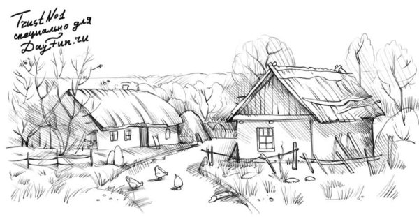 Деревня рисунок карандашом