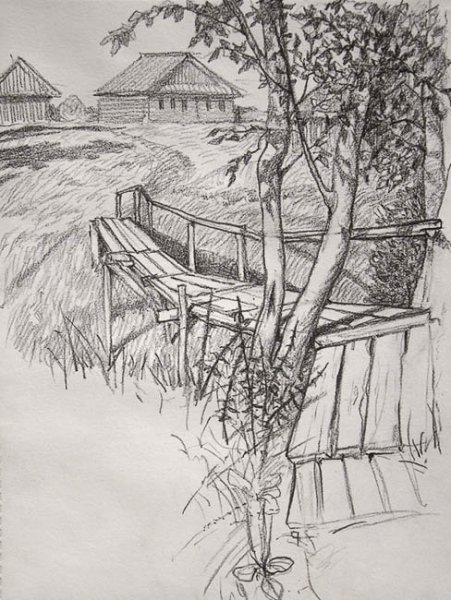 Сельский пейзаж карандашом