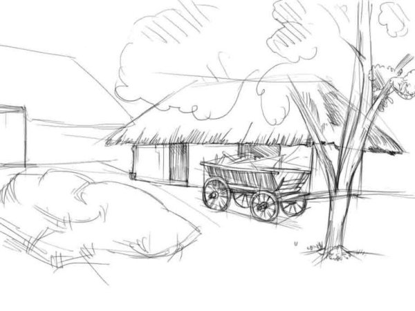 Деревенский пейзаж простым карандашом