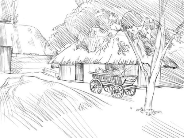 Рисунок деревни для срисовки