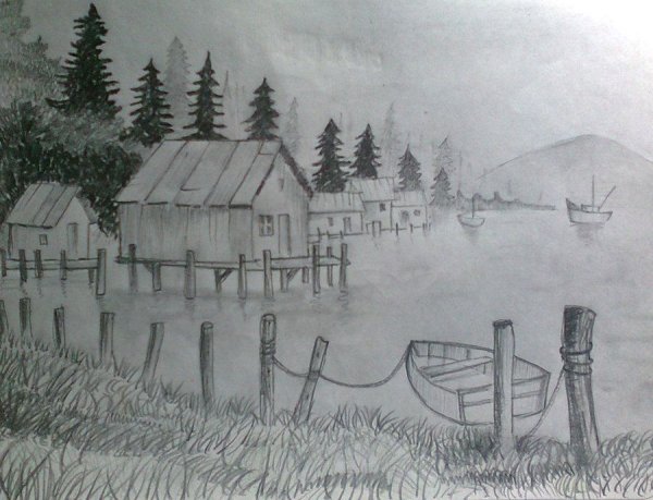 Деревня рисунок детский карандашом