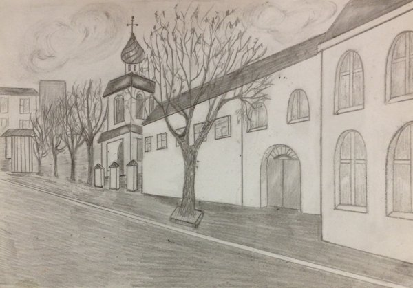 Живописный Этюд части города площадь улица и т.д карандашом