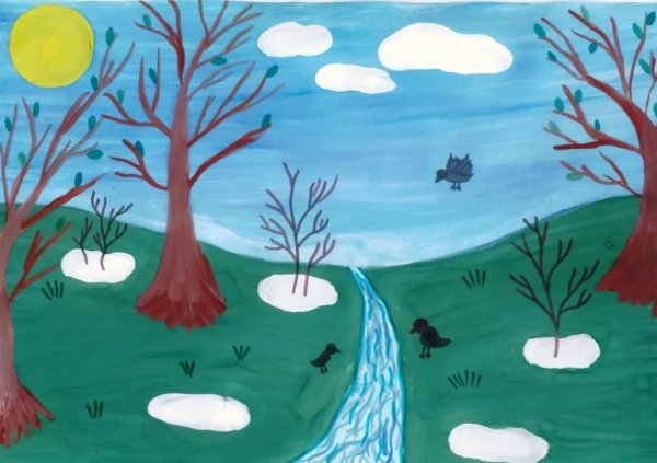 Весенний пейзаж цветными карандашами