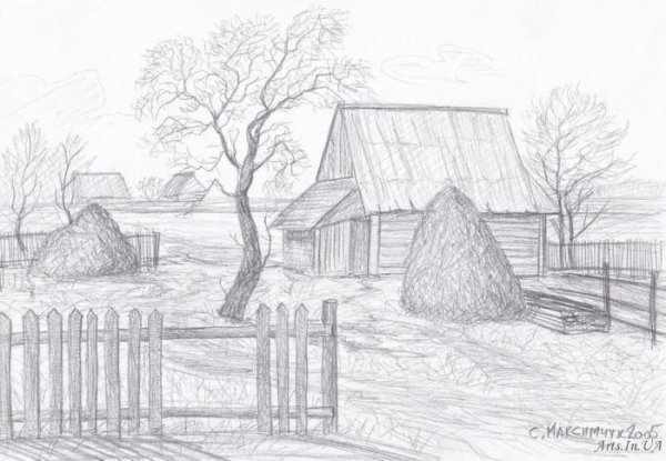 Сельский пейзаж карандашом