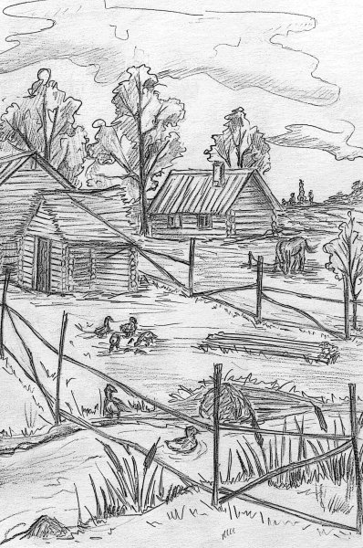 Пейзаж деревни карандашом