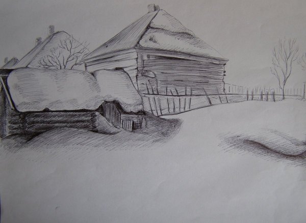 Деревенский пейзаж карандашом