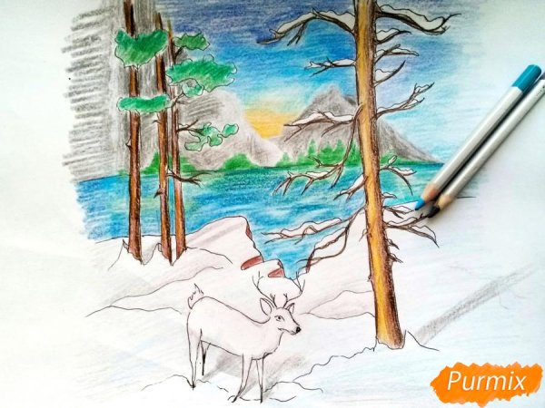 Рисунок зима цветными карандашами