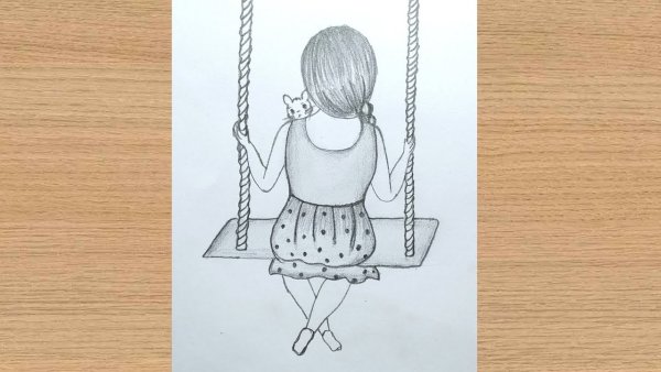 Красивый рисунок карандашом девушка качели