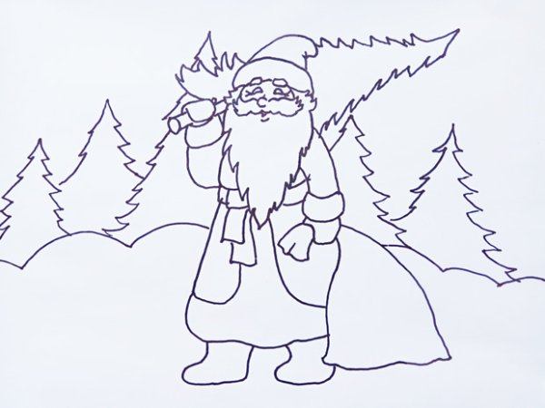 Пейзаж с дедом Морозом карандашом