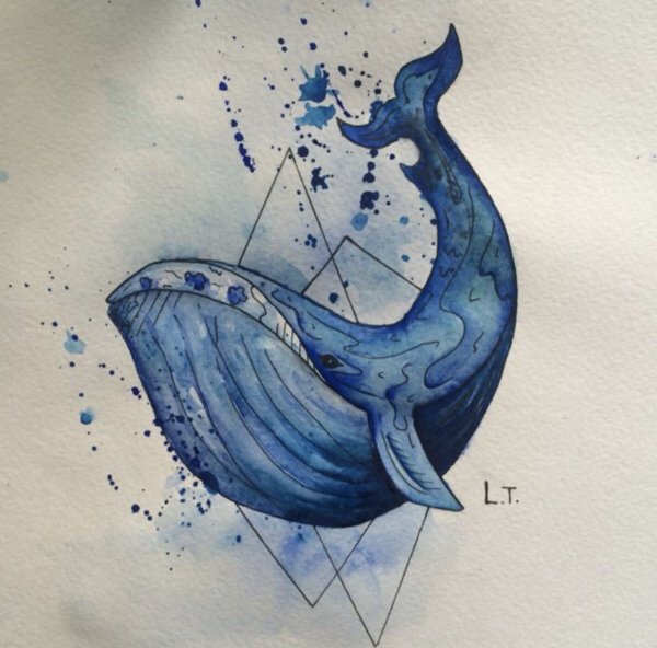 Синий кит акварель