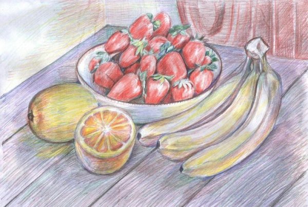 Натюрморт с фруктами цветными карандашами