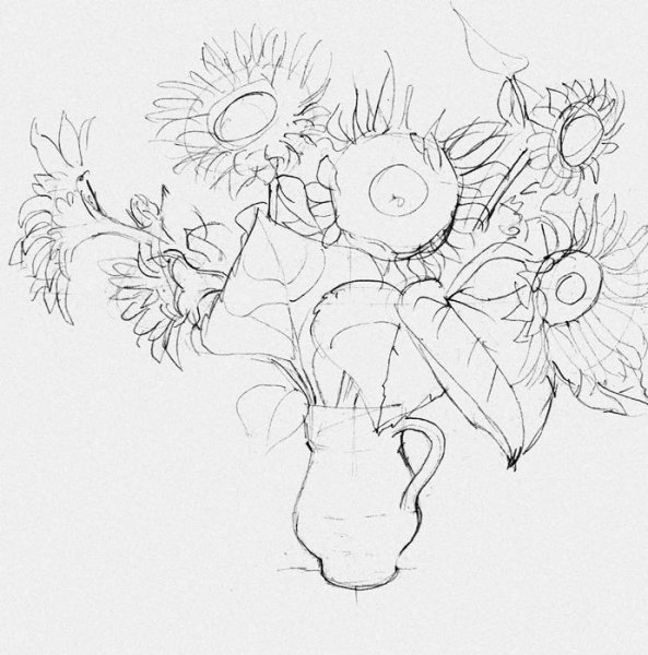 Натюрморт цветы на вазе и фрукты карандашом