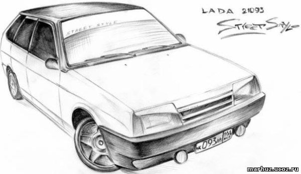 Рисунок ВАЗ 2109 карандашом спереди