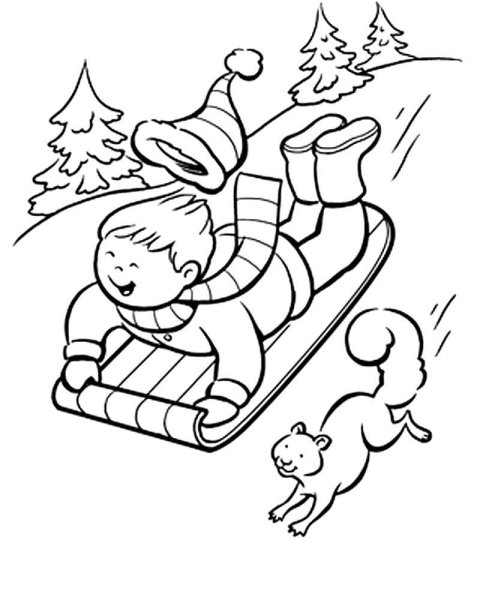 Раскраска дети катаются на санках