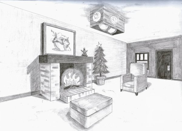 Набросок комнаты с камином