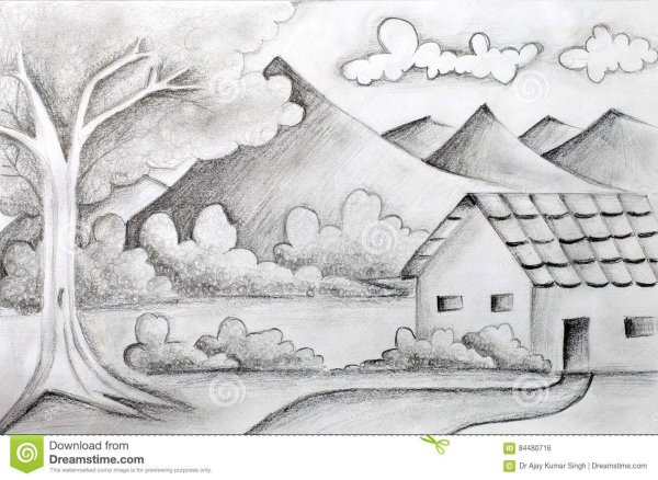 Графический пейзаж карандашом легко и красиво