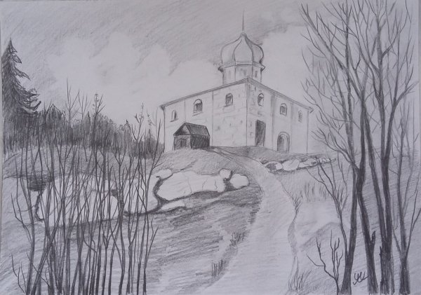 Пейзаж с архитектурой карандашом