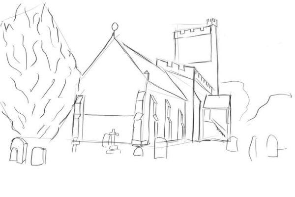 Здание с пейзажем карандашом легко