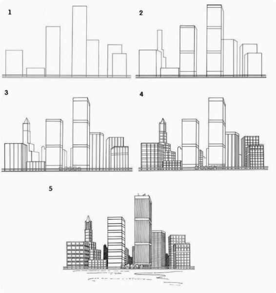 Рисунок города поэтапно