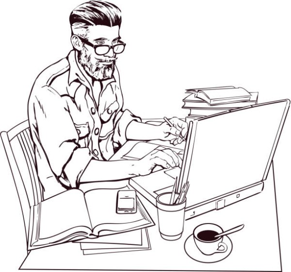 Мужчина за компьютером нарисованный