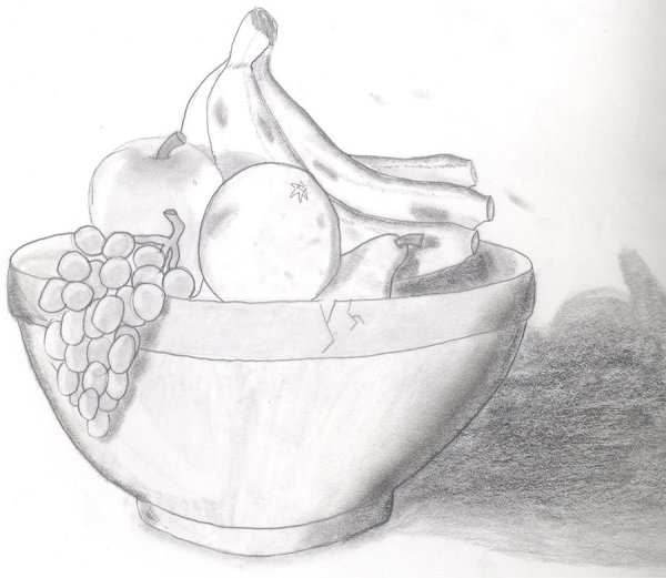 Натюрморт с фруктами и цветами карандашом