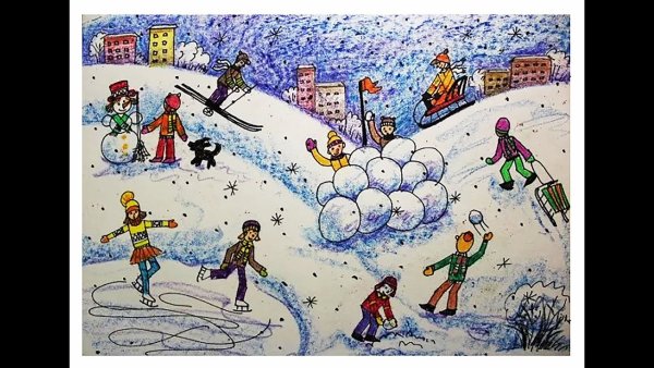 Детские рисунки на тему зимние забавы цветными карандашами